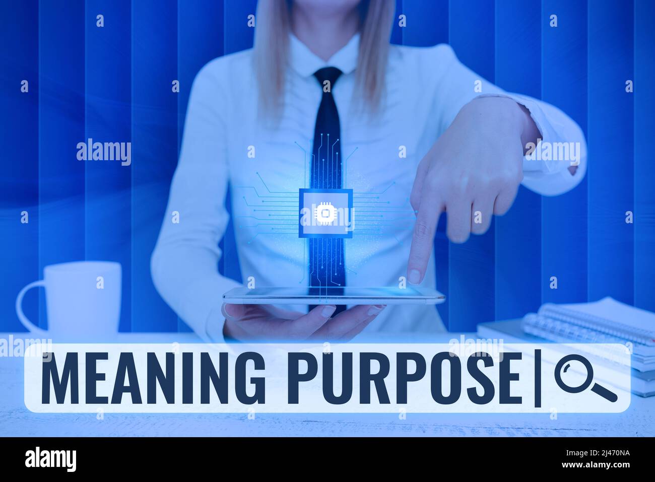 Writing displaying text Meaning Purpose. Word Written on The reason for which something is done or created and exists Lady Pressing Screen Of Mobile Stock Photo