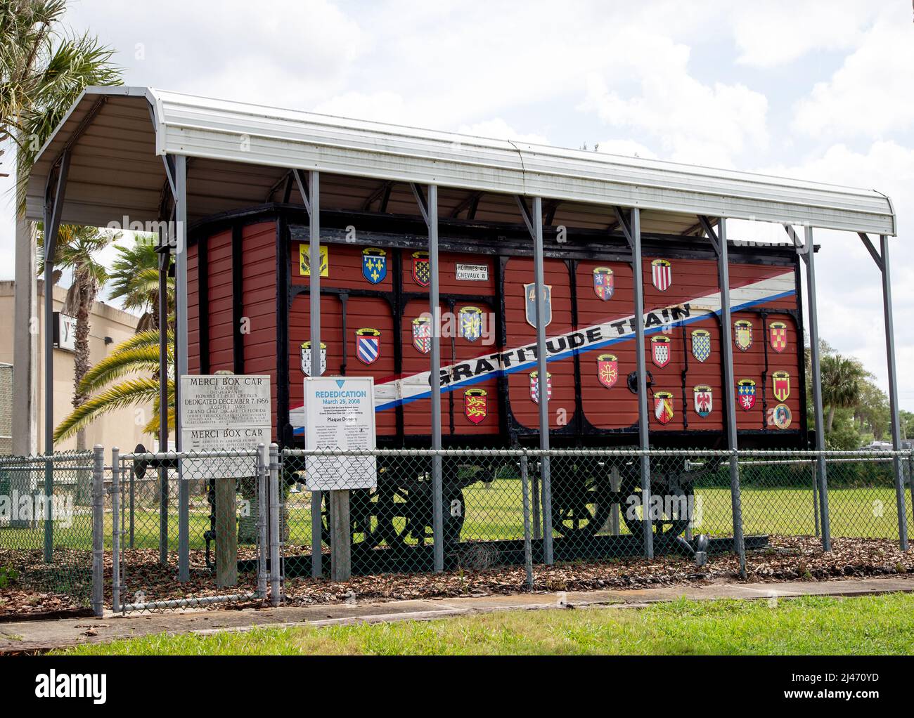 The Merci box car, gratitude train in Florida is located in Holly Hill next to City Hall in Veteran's Memorial Park Stock Photo
