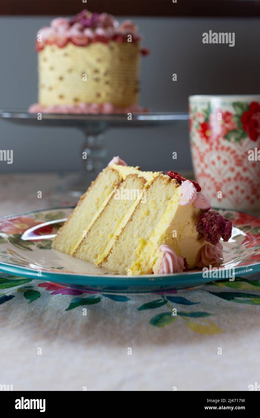 A slice of vanilla cake in a plate, with dried fruit, and dried flowers with a fork. Stock Photo