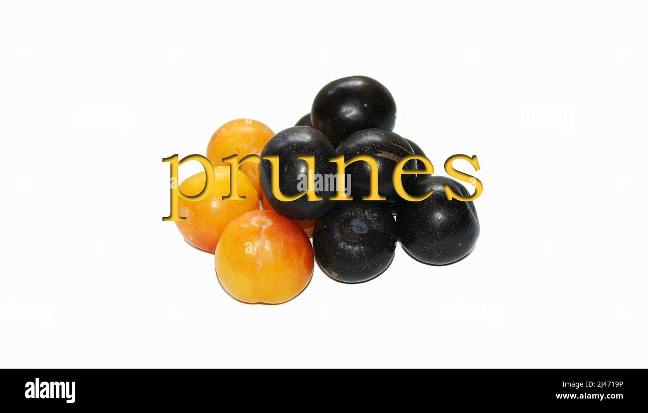 Black and white plums on white background and text in different