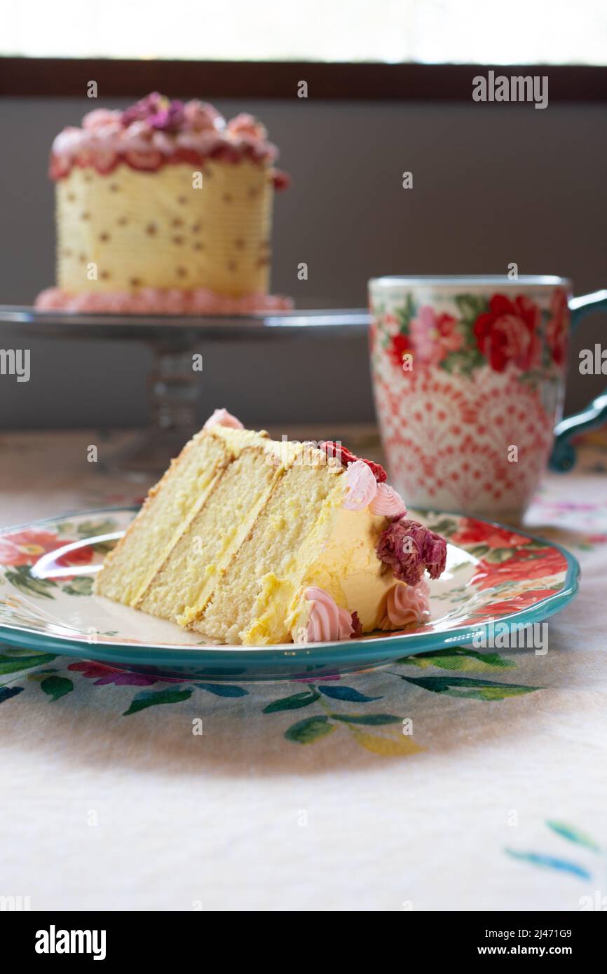 A slice of vanilla cake in a plate, with dried fruit, and dried flowers with a fork. Stock Photo