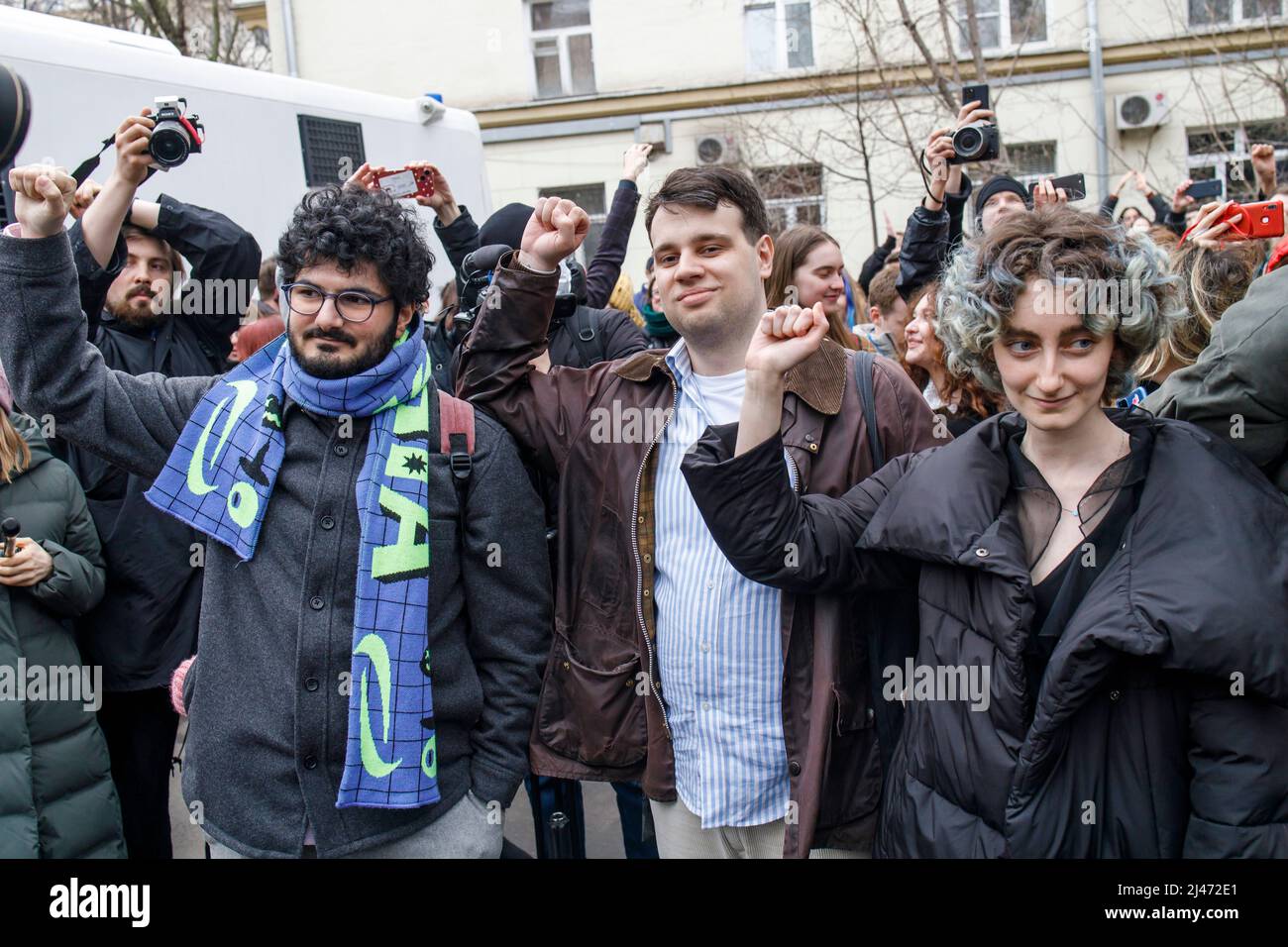 Moscow, Russia - 12 April 2022, Journalists of magazine Doxa Aramyan, Metelkin, Gutnikova, Tyshkevich sentenced to two years of correctional labor Stock Photo