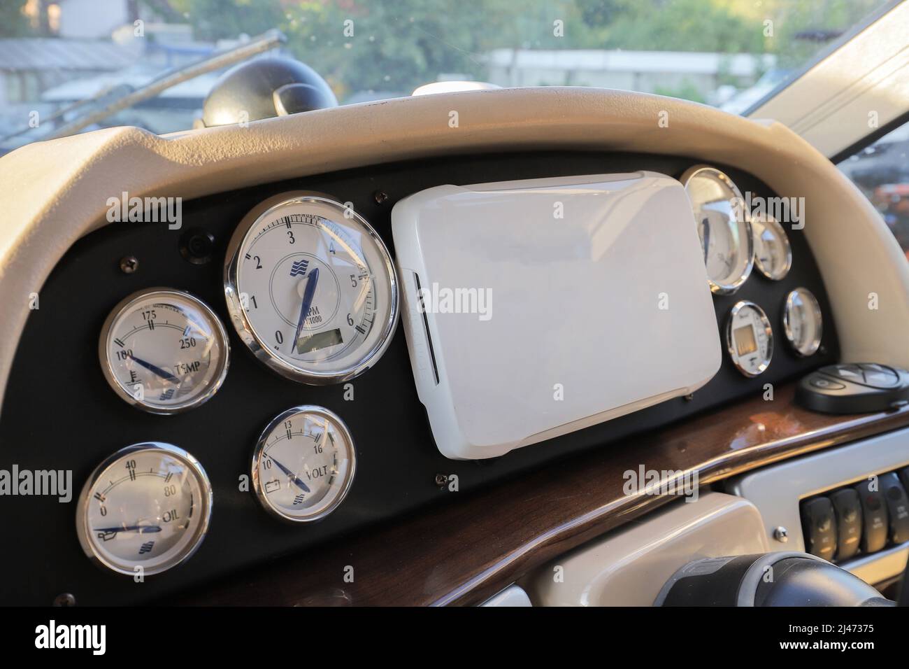 Modern motor boat dashboard with navigation devices Stock Photo