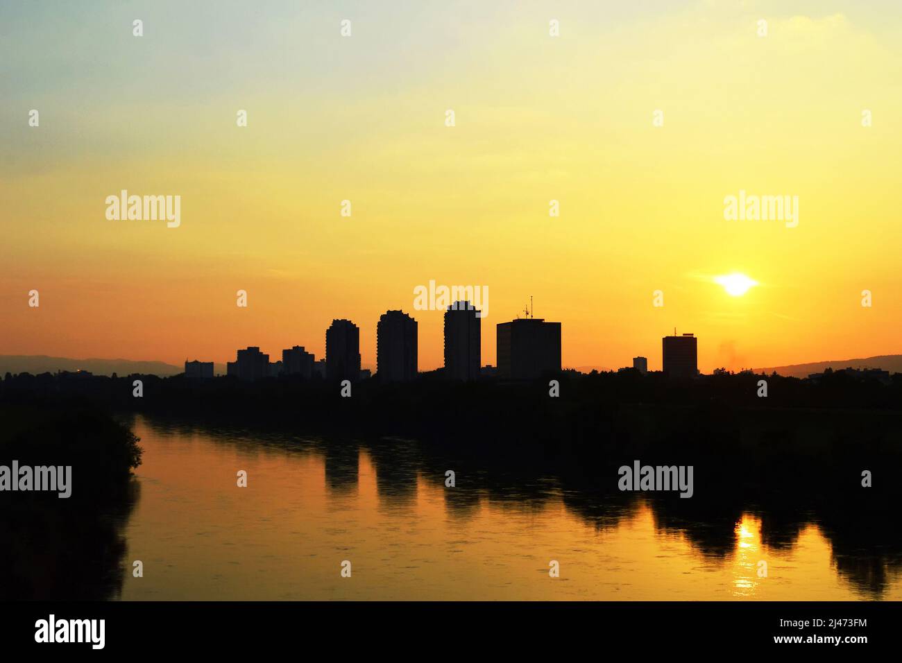 Sunset at the Sava river banks in Zagreb, Croatia Stock Photo