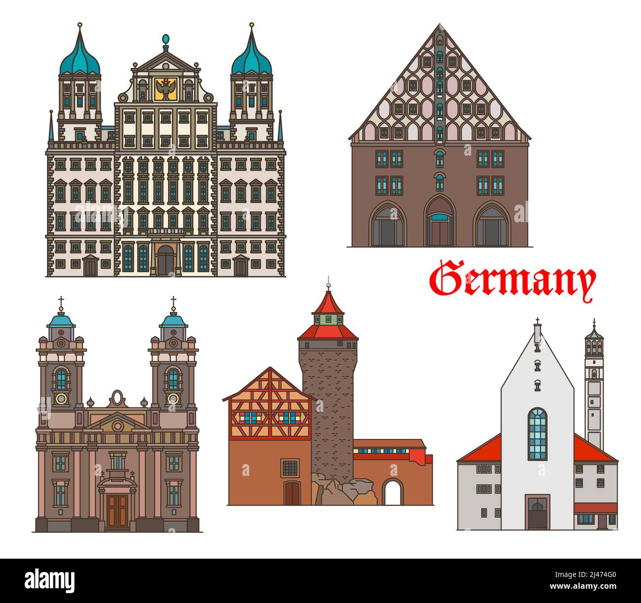 Germany architecture, Nuremberg and Augsburg buildings, vector travel landmarks. Bavaria architecture Imperial Castle and Mauthalle, Egidienkirche and Moritzkirche or St Maurice church and Rathaus Stock Vector