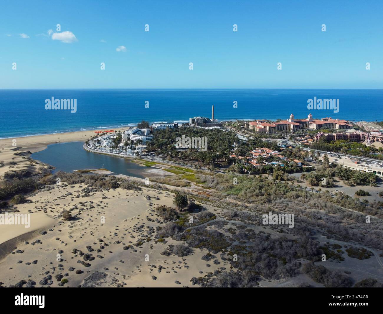 Aerial drone. Popular resort town of Meloneras, with hotels and restaurants, near the Maspalomas dunes in Gran Canaria, Canary Islands, Spain Stock Photo