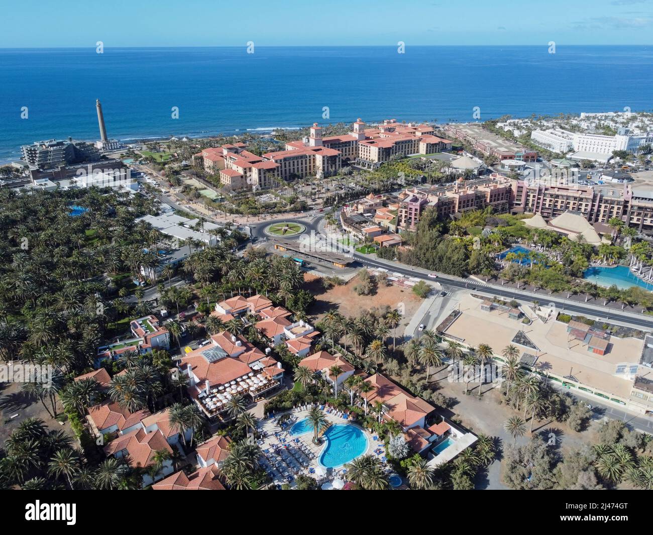 Aerial drone. Popular resort town of Meloneras, with hotels and restaurants, near the Maspalomas dunes in Gran Canaria, Canary Islands, Spain Stock Photo