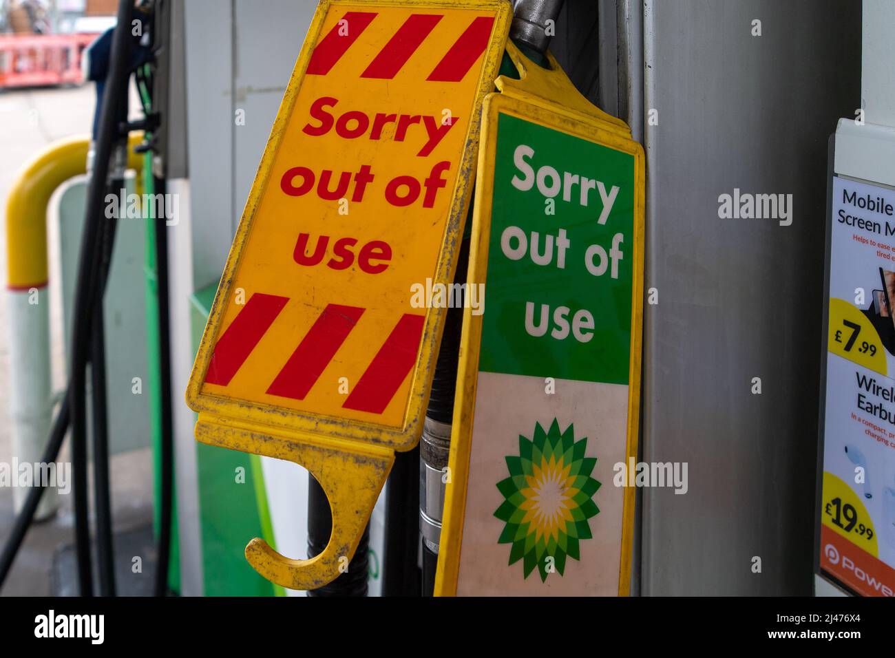 Slough, Berkshire, UK. 12th April, 2022. Some of the pumps at a BP petrol station in Slough were out of use today. Following the blockade of fuel depots by Just Stop Oil activists, many petrol stations in the South East of England have petrol shortages. Credit: Maureen McLean/Alamy Live News Stock Photo