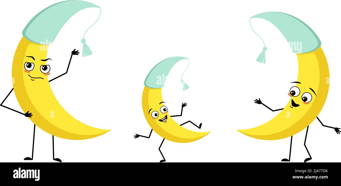 Family of moon character in nightcap with happy emotions and poses ...