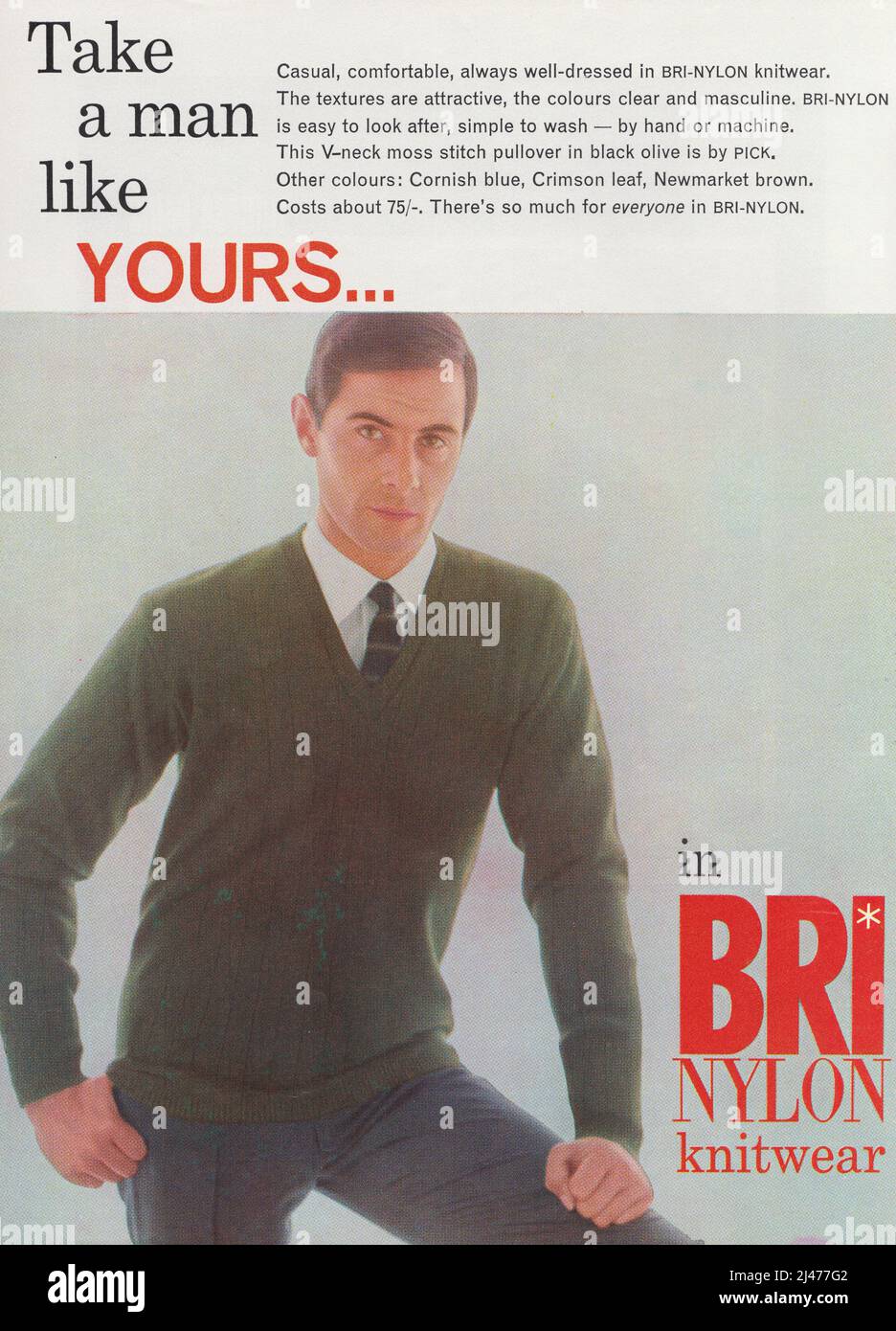 Bri Nylon knitwear vintage paper magazine advert magazine advertisement 1970s 1960s man knitwear v-neck jumper Stock Photo