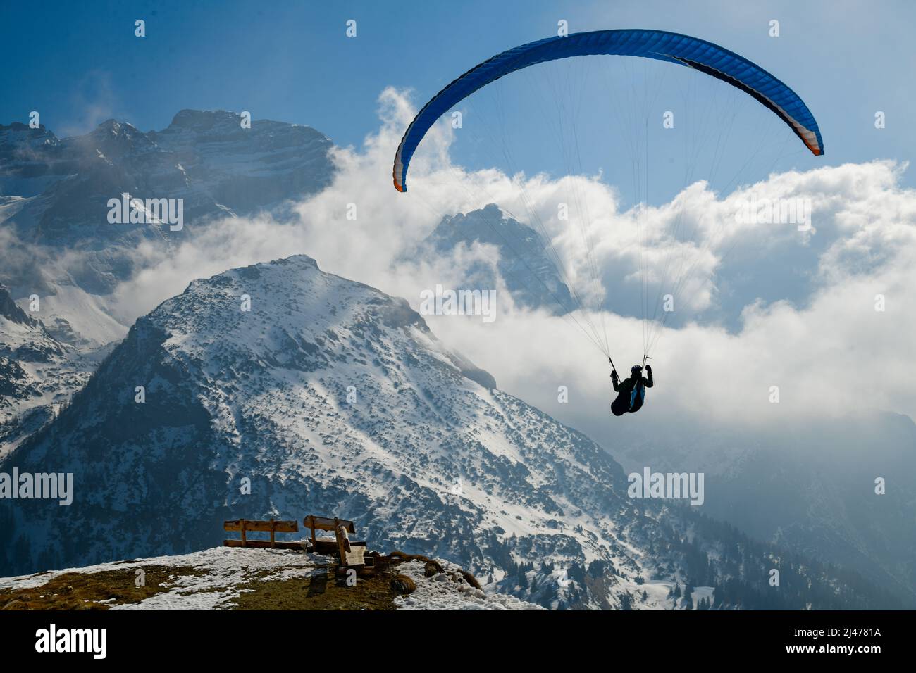 Paragliding flights at Pinzolo Ski Resort in Val Rendena in Trentino in the northern Italian Alps. Stock Photo