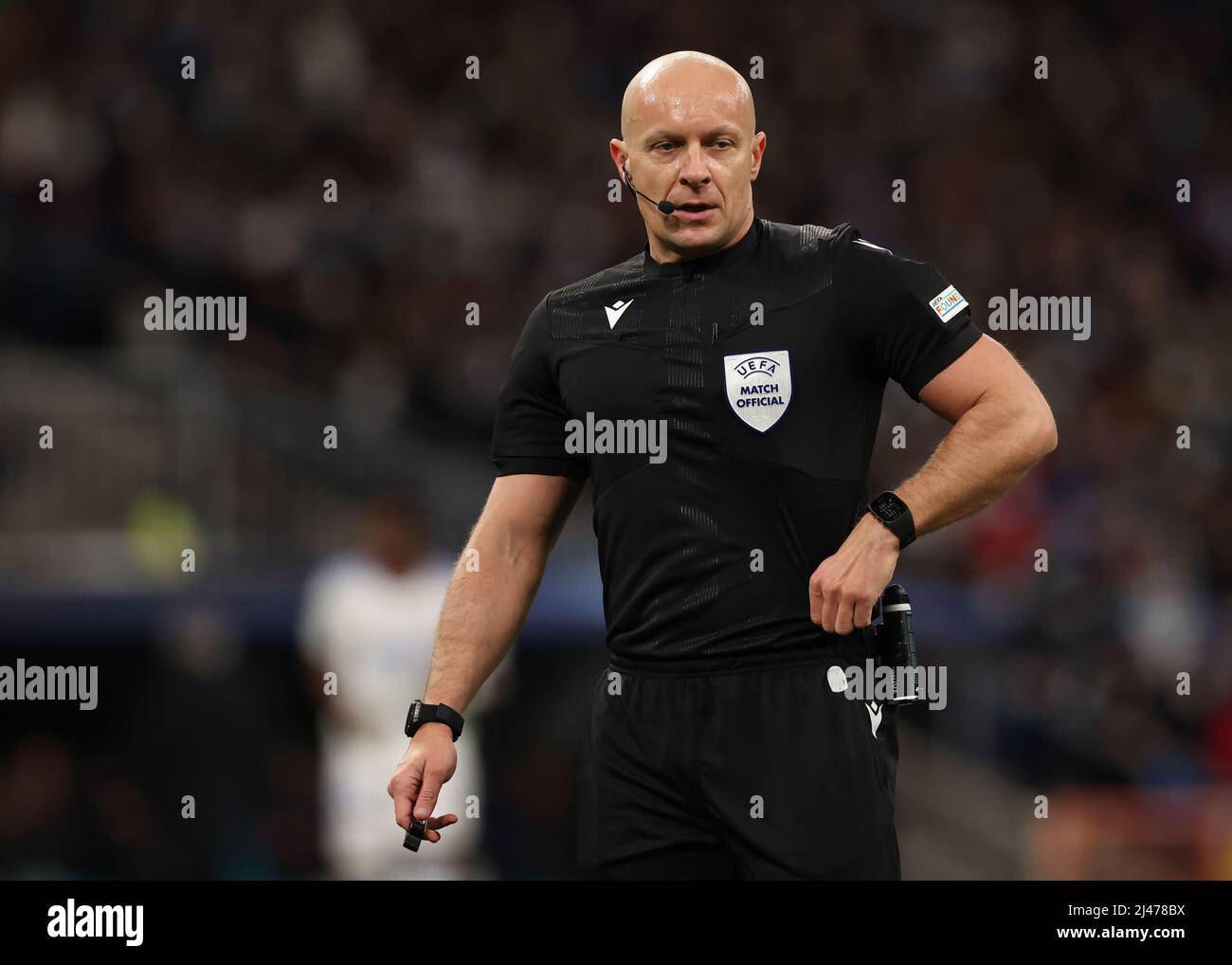 Madrid, Spain, 12th April 2022. The referee Szymon Marciniak of Poland during the UEFA Champions League match at the Bernabeu, Madrid. Picture credit should read: Jonathan Moscrop / Sportimage Stock Photo