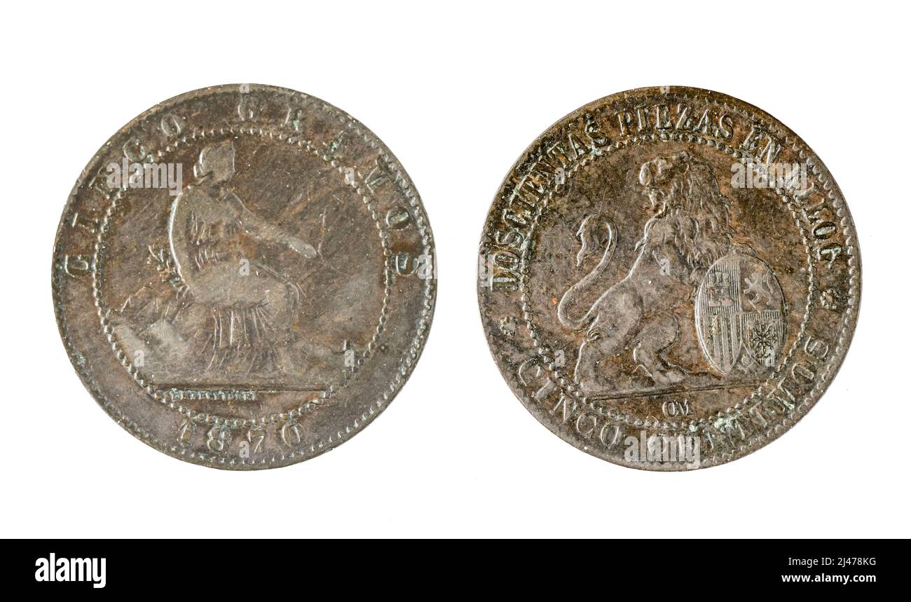 Spanish coins - 5 cents, Provisional Government. Minted in copper from the year 1870 Stock Photo