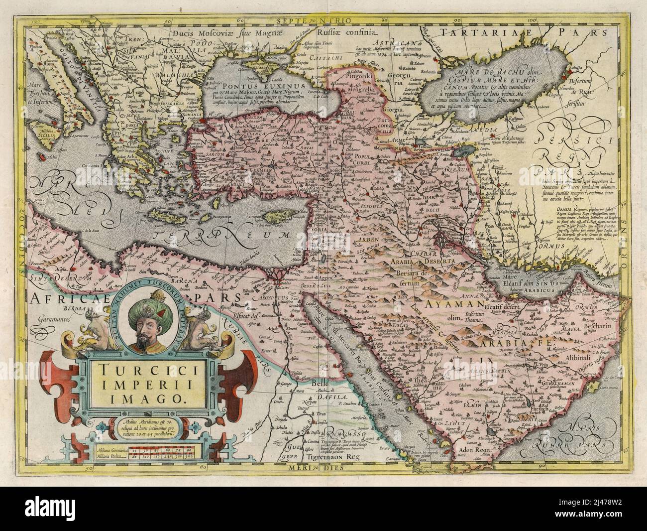 Seventeenth century illustrated map of the Turkish Empire (Ottoman Empire) created by Jodocus Hondius, ca. 1600-1625, Stock Photo