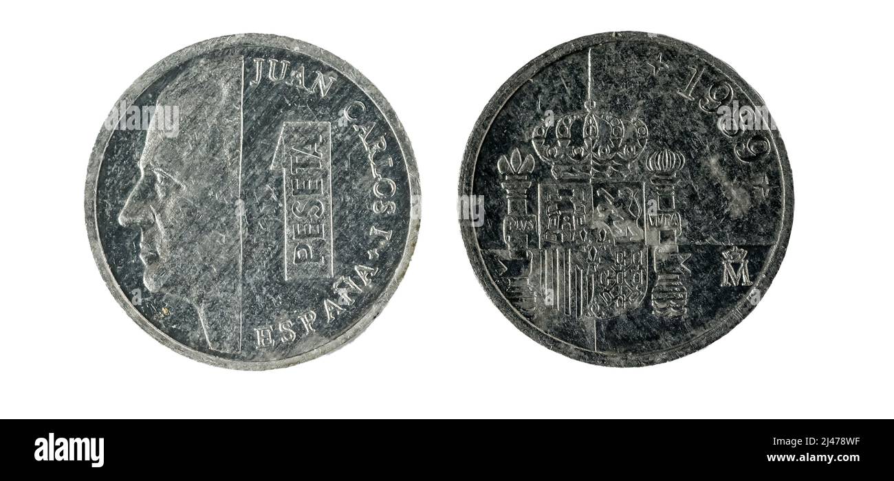 Spanish coins - 1 peseta. Juan Carlos I. Minted in Nickel in 1989 Stock Photo