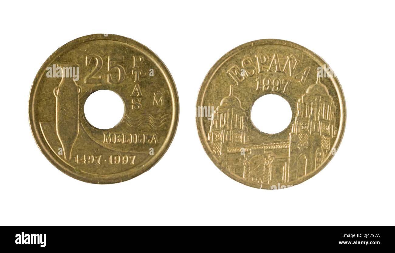 Spanish coins - 25 pesetas. Juan Carlos I. Melilla, 1997 Stock Photo