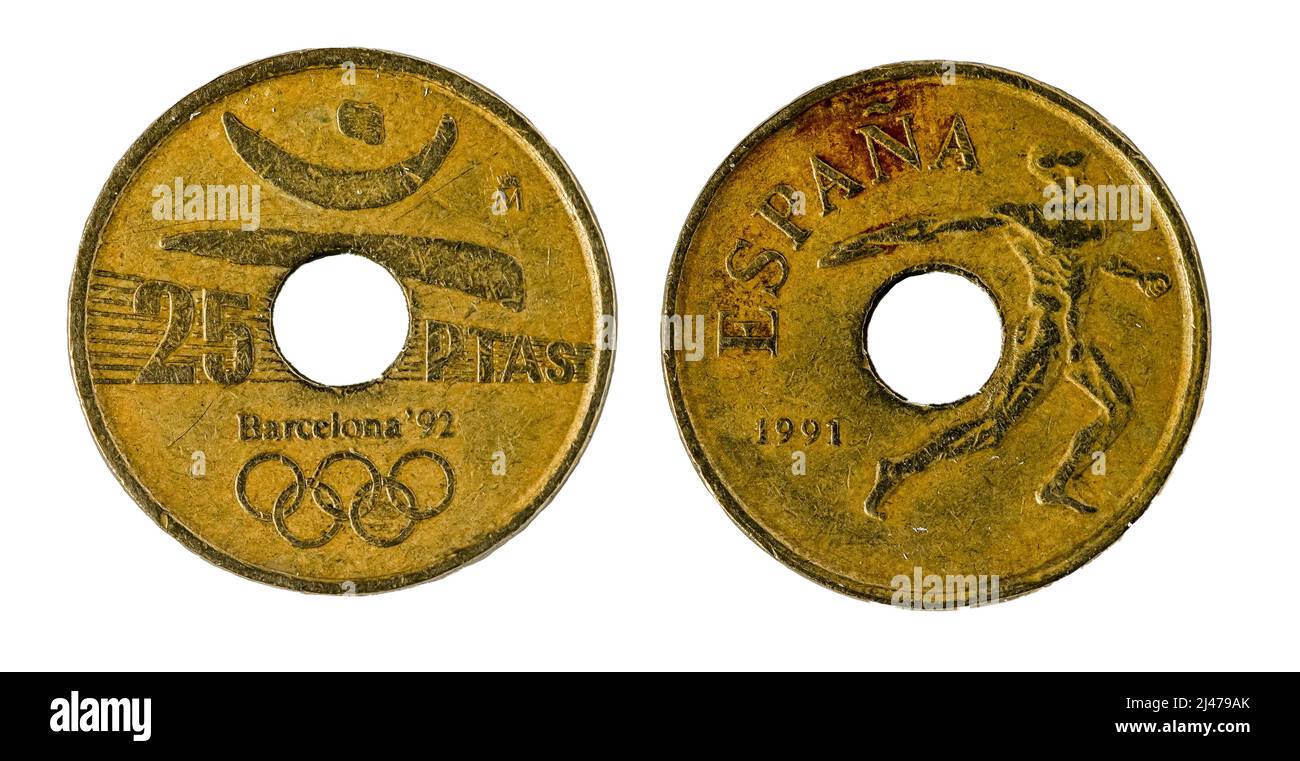 Spanish coins - 25 pesetas. Juan Carlos I. Olympic Games, 1991 Stock Photo