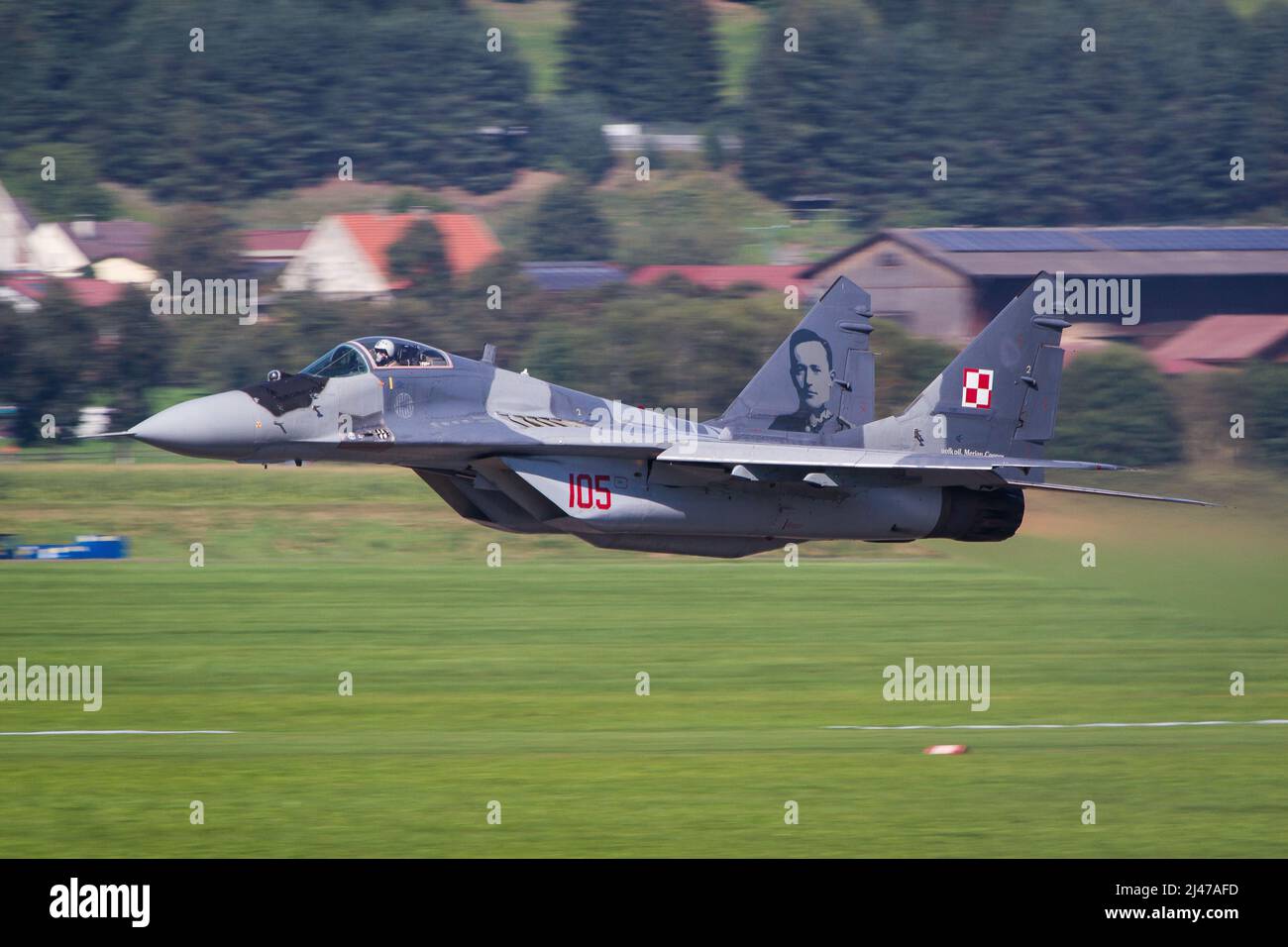 Polish Air Force Mig 29 fighter jet from Poland taking off with full afterburner to a mission Stock Photo