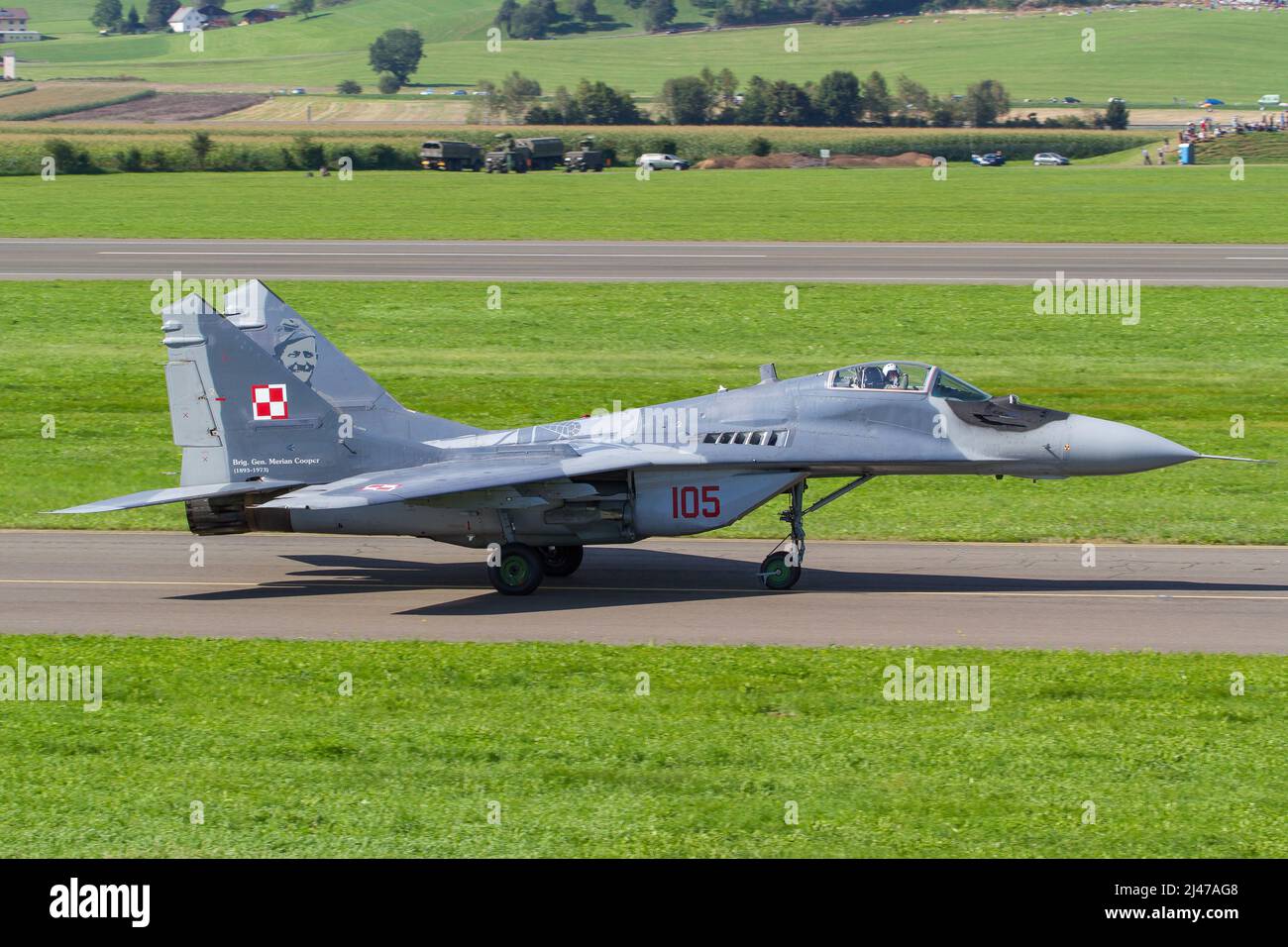 Polish Air Force Mig 29 fighter jet from Poland taking off with full afterburner to a mission Stock Photo