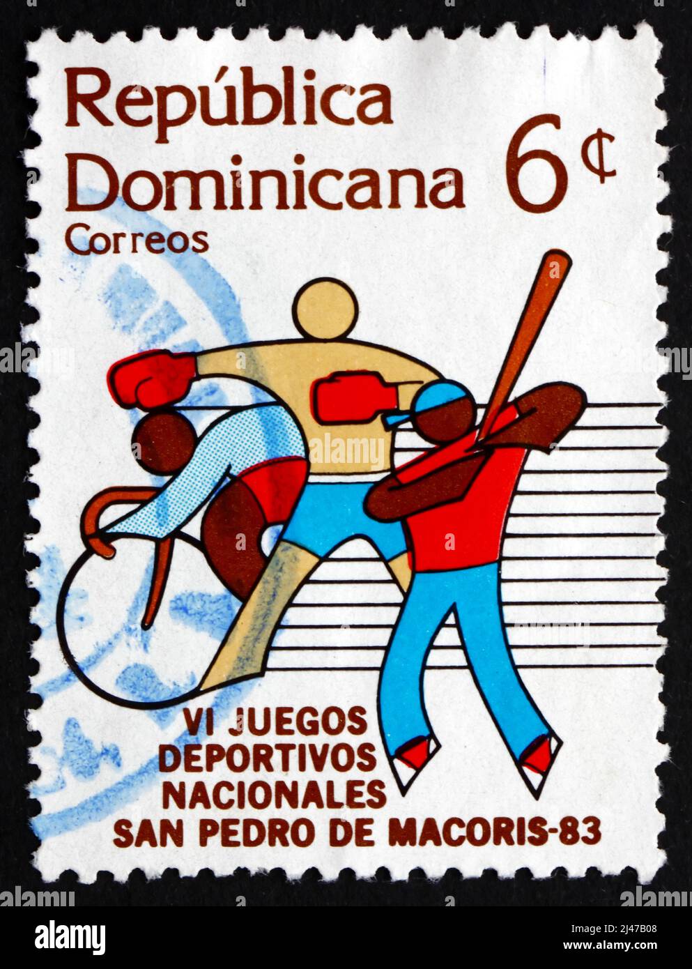 DOMINICAN REPUBLIC - CIRCA 1983: a stamp printed in Dominican Republic shows Bicycling, Boxing, Baseball, 6th National Games, circa 1983 Stock Photo