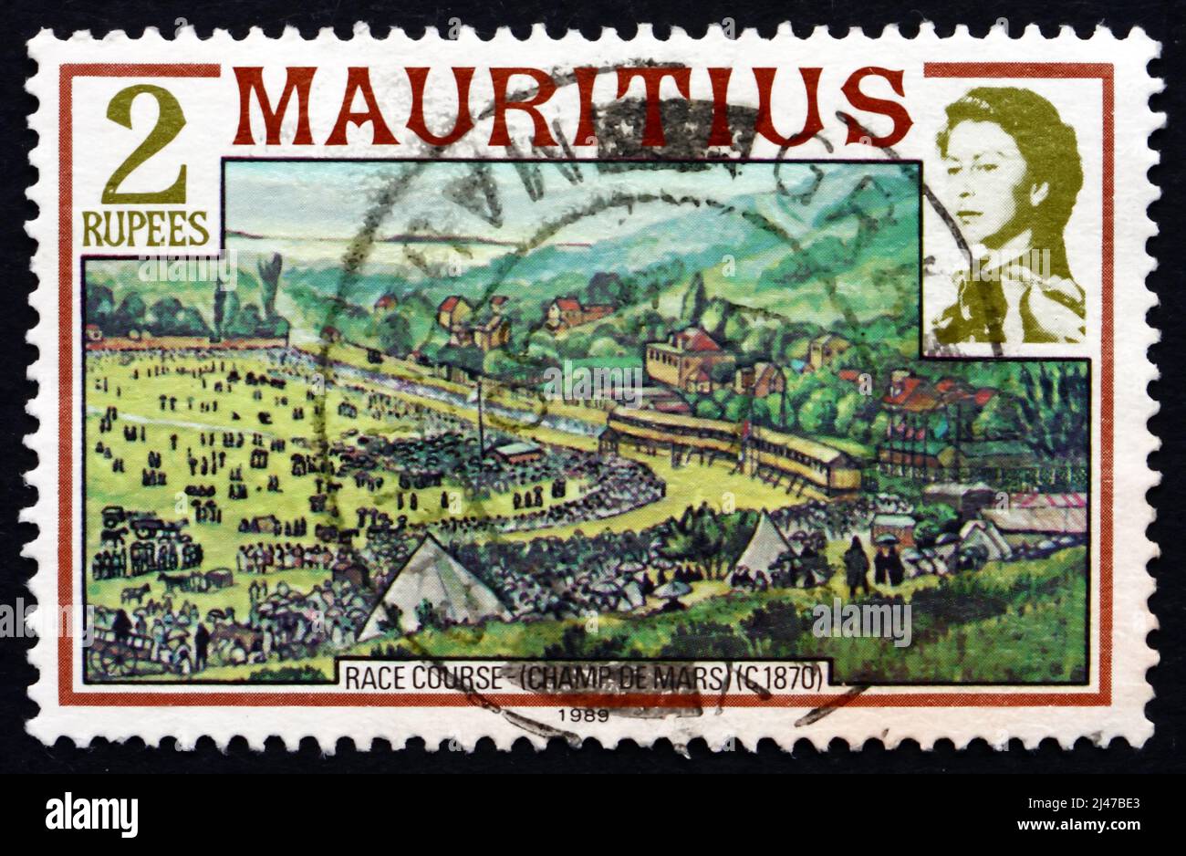 MAURITIUS - CIRCA 1989: a stamp printed in the Mauritius shows Champ de Mars Race Course, 1870, circa 1989 Stock Photo