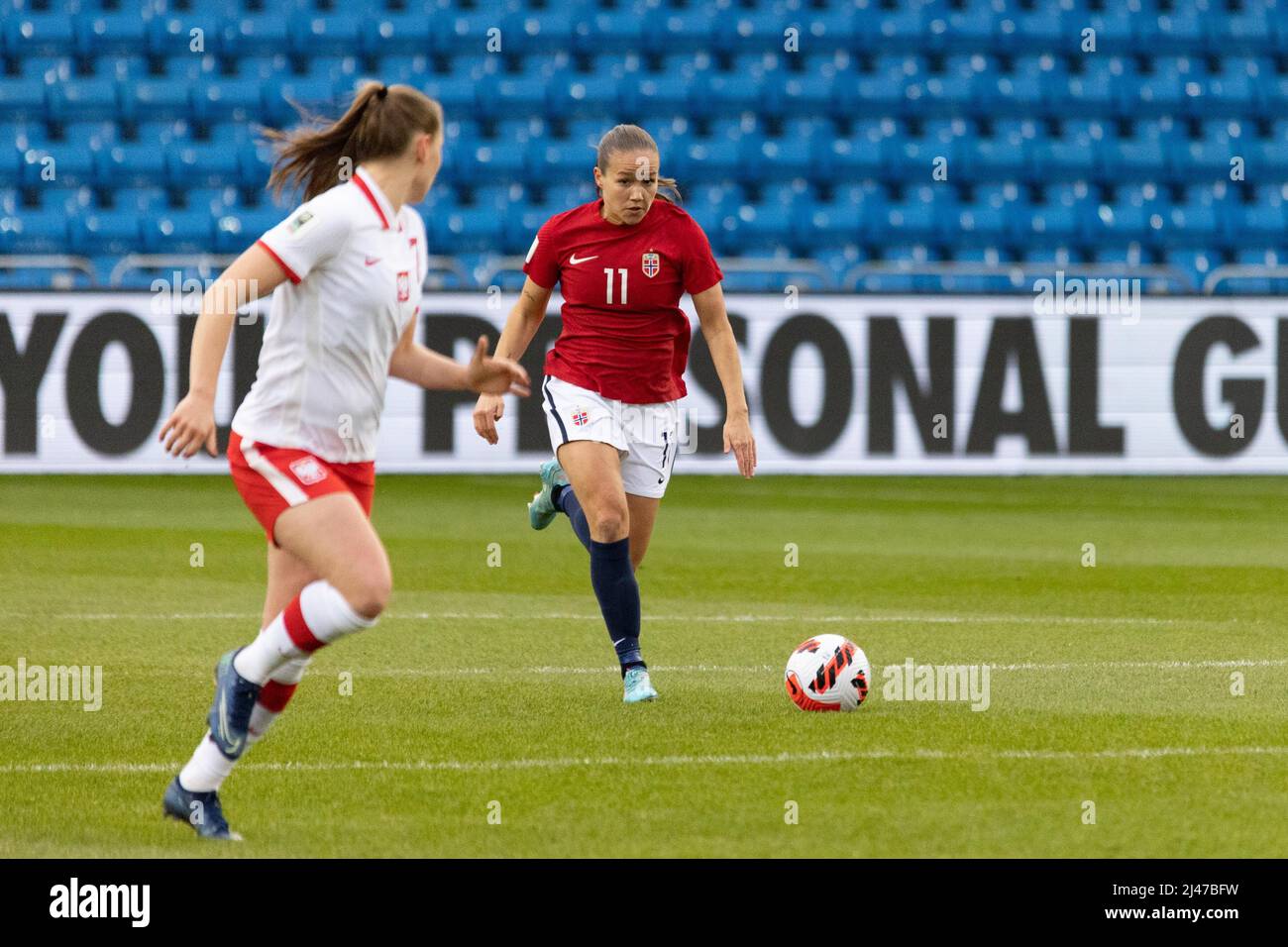 Oslo, Norway. 12th Apr, 2022. Guro Reiten (11 Norway) controls the ball during the Womens World Cup Qualifier football match between Norway and Poland at Ullevaal Stadium in Oslo, Norway. Ane Frosaker/SPP Credit: SPP Sport Press Photo. /Alamy Live News Stock Photo