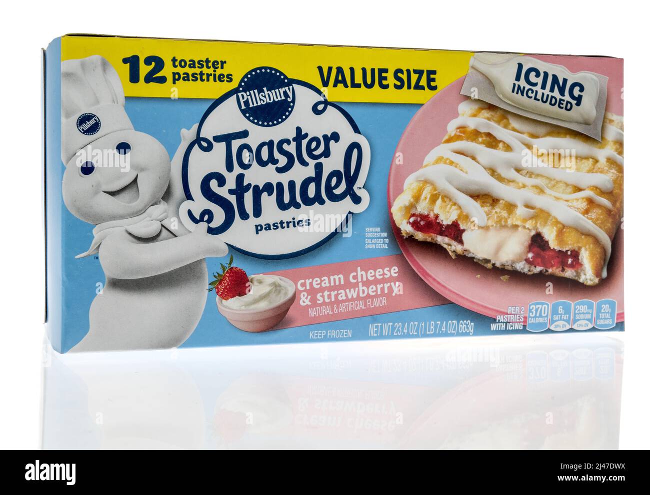 Winneconne, WI -2 April 2022: A package of Pillsburry toaster strudel pastries cream cheese and strawberry on an isolated background Stock Photo