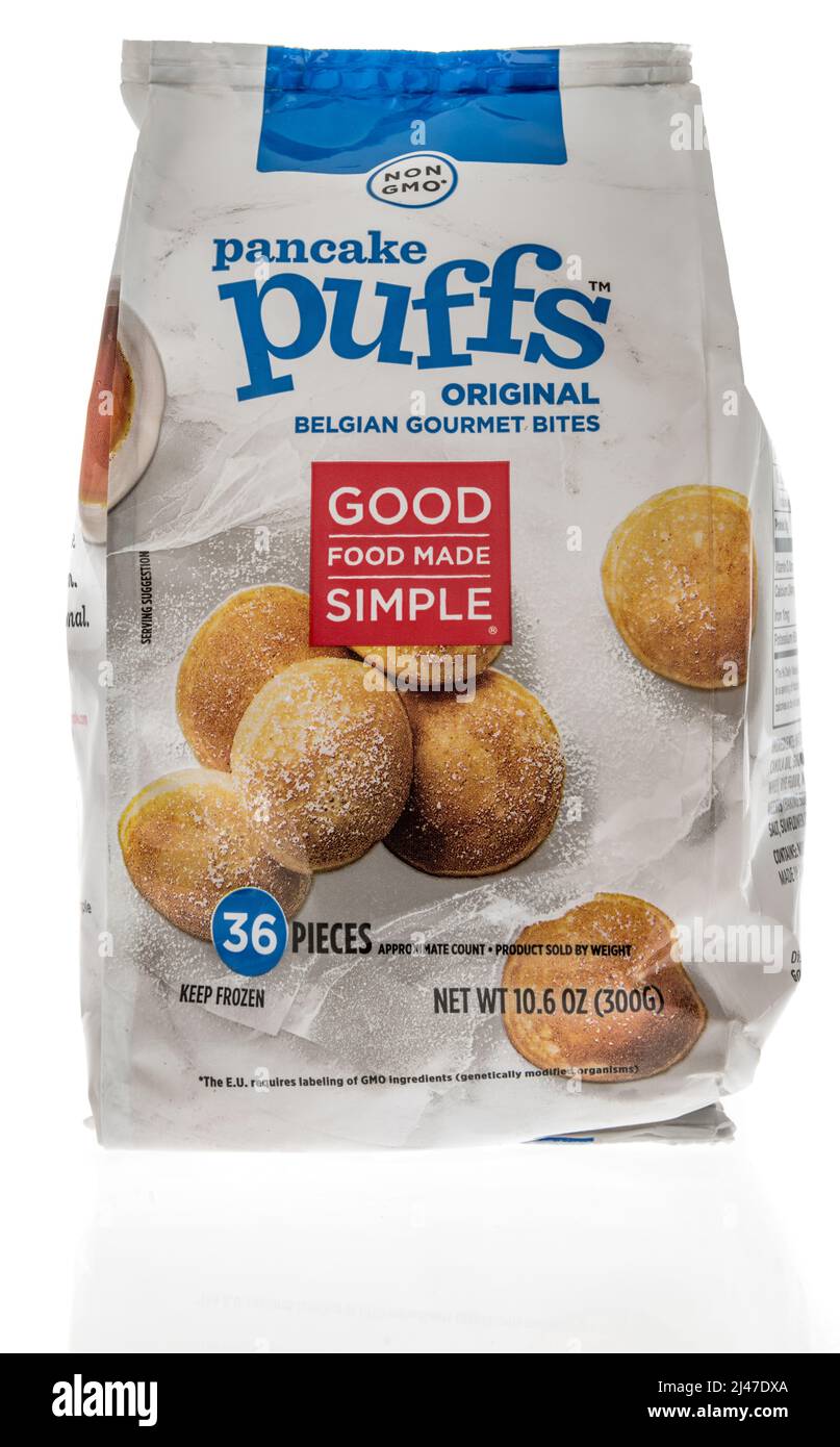 Winneconne, WI -2 April 2022: A package of Good food made simple pancake puffs original belgian gourmet bites on an isolated background Stock Photo