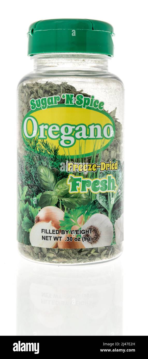 Winneconne, WI -2 April 2022: A package of Sugar n spice oregano freeze dried fresh on an isolated background Stock Photo