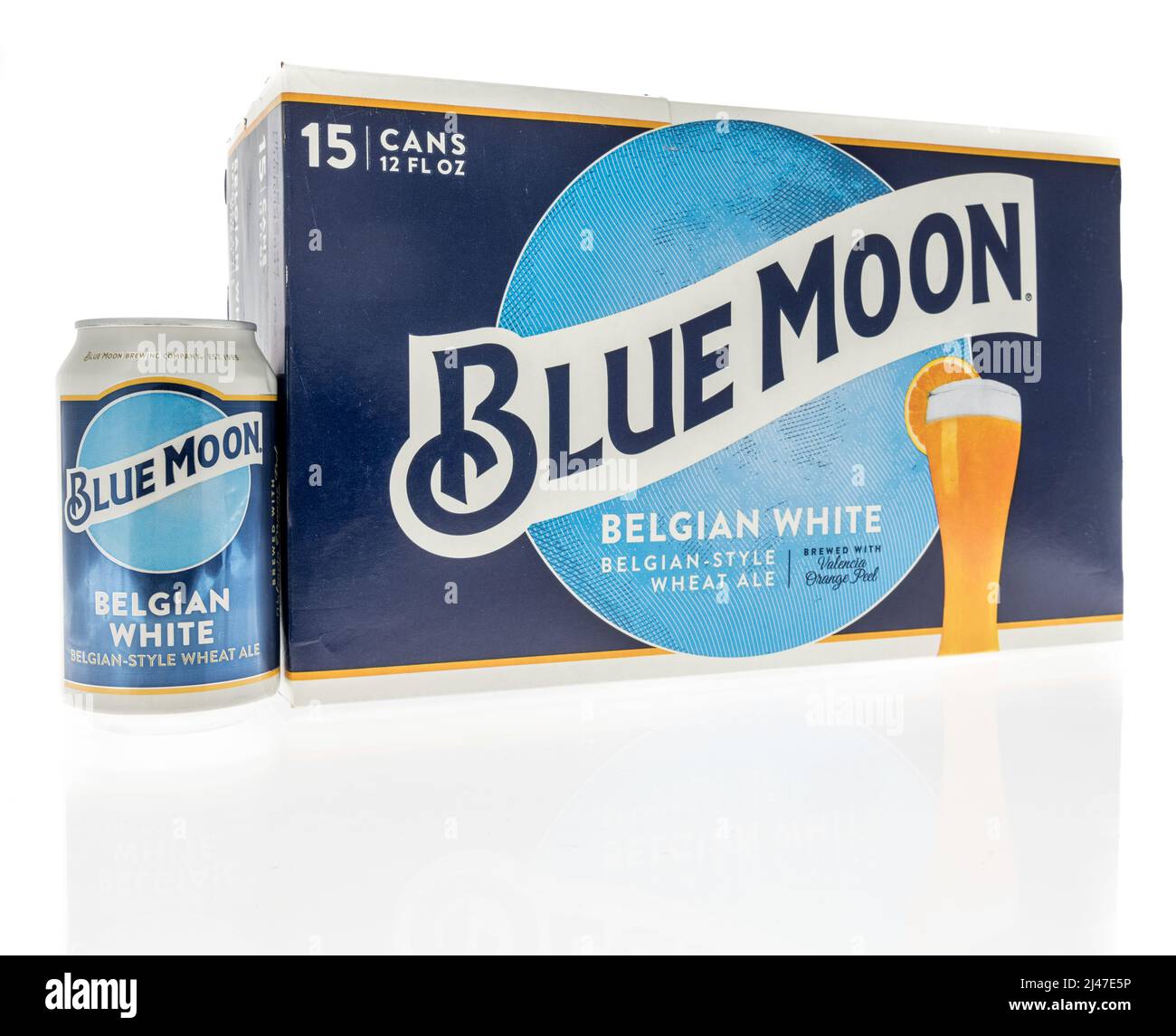 Winneconne, WI -10 April 2022: A package of Blue moon beer on an isolated background Stock Photo