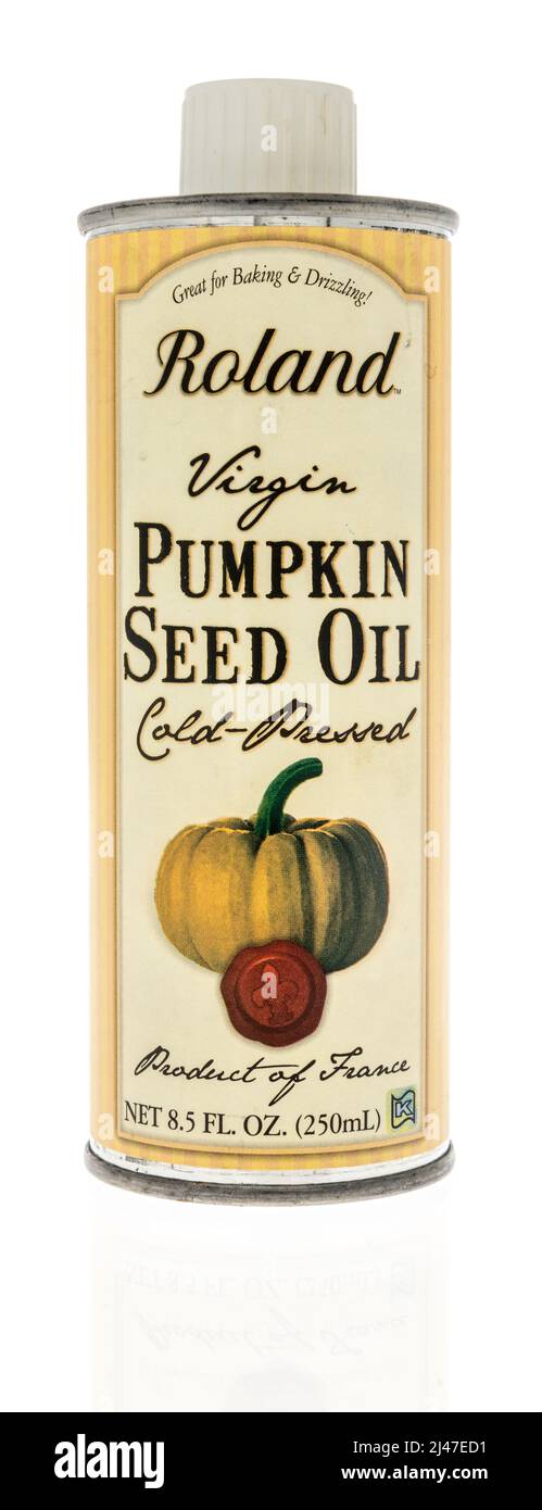 Winneconne, WI -10 April 2022: A can of Roland pumpkin seed oil on an isolated background Stock Photo