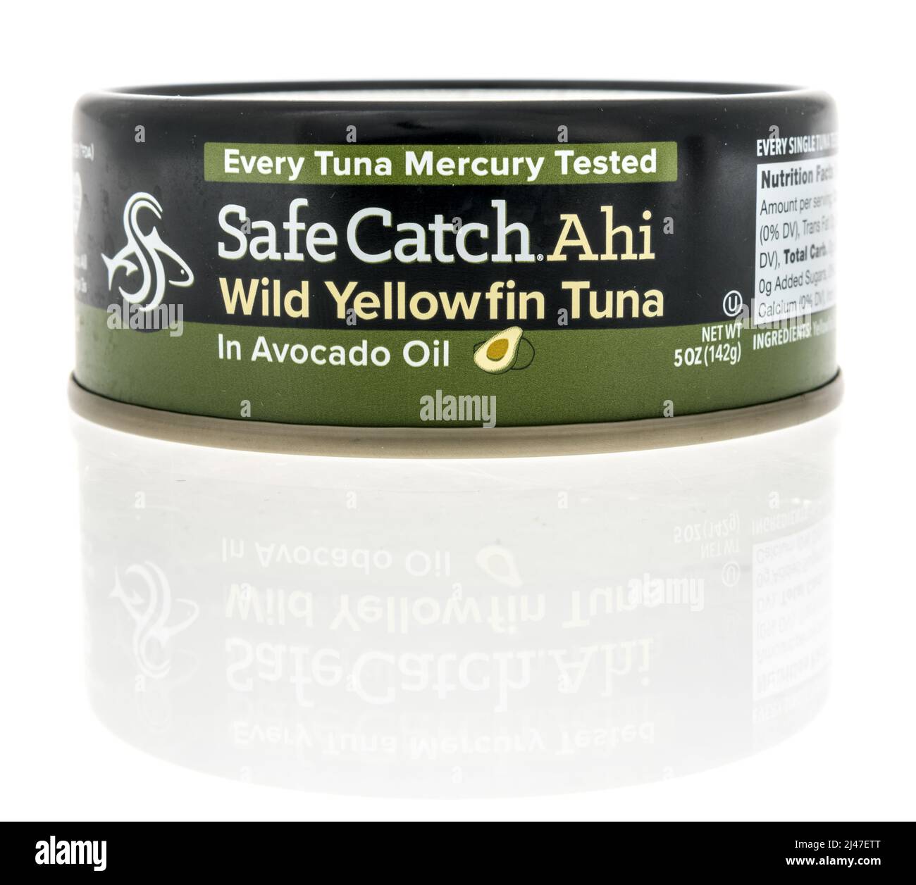 Winneconne, WI -10 April 2022: A can of safe catch ahi wild yellowfin tuna on an isolated background Stock Photo
