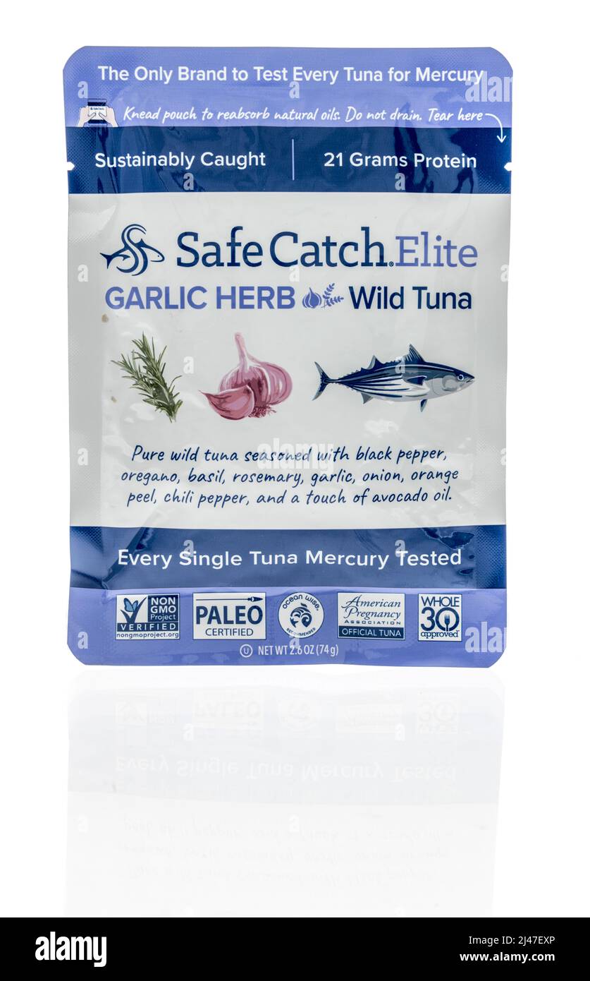 Winneconne, WI -10 April 2022: A package of safe catch elite wild tuna on an isolated background Stock Photo