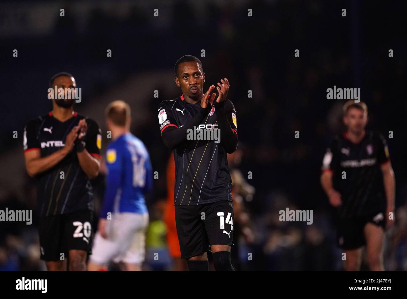 Rotherham United's Mickel Miller (centre) applauds the fans following the Sky Bet League One match at Fratton Park, Portsmouth. Picture date: Tuesday April 12, 2022. Stock Photo