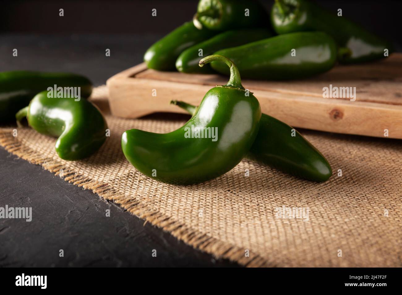 Serrano Chile or Green Chile. (Capsicum annum). Variety of hot chili very popular in Mexican cuisine, it is commonly consumed fresh. Stock Photo