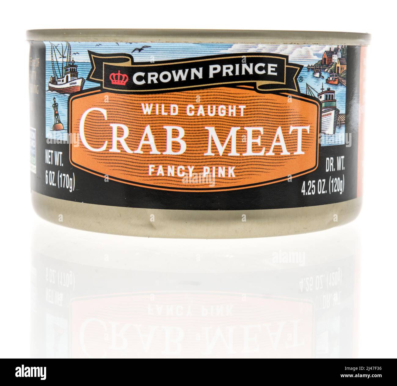 Winneconne, WI -10 April 2022: A can of Crown Prince wild caught pink crab meat on an isolated background Stock Photo