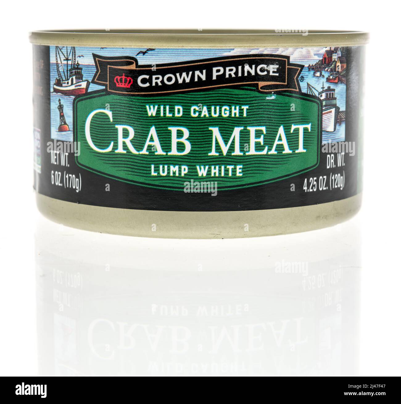 Winneconne, WI -10 April 2022: A can of Crown Prince wild caught white crab meat on an isolated background Stock Photo