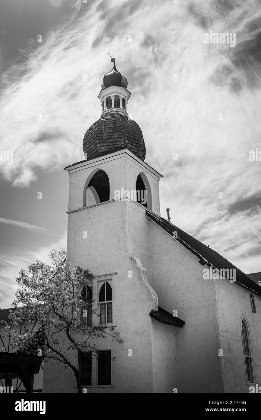 Black and White Church with Bell Tower Stock Photo