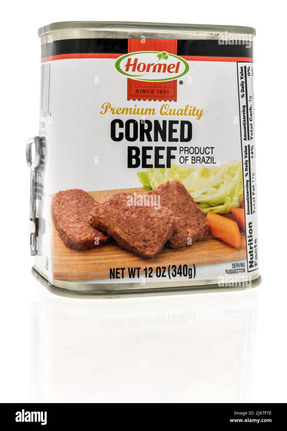 Winneconne, WI -10 April 2022: A can of Hormel corned beef on an isolated background Stock Photo