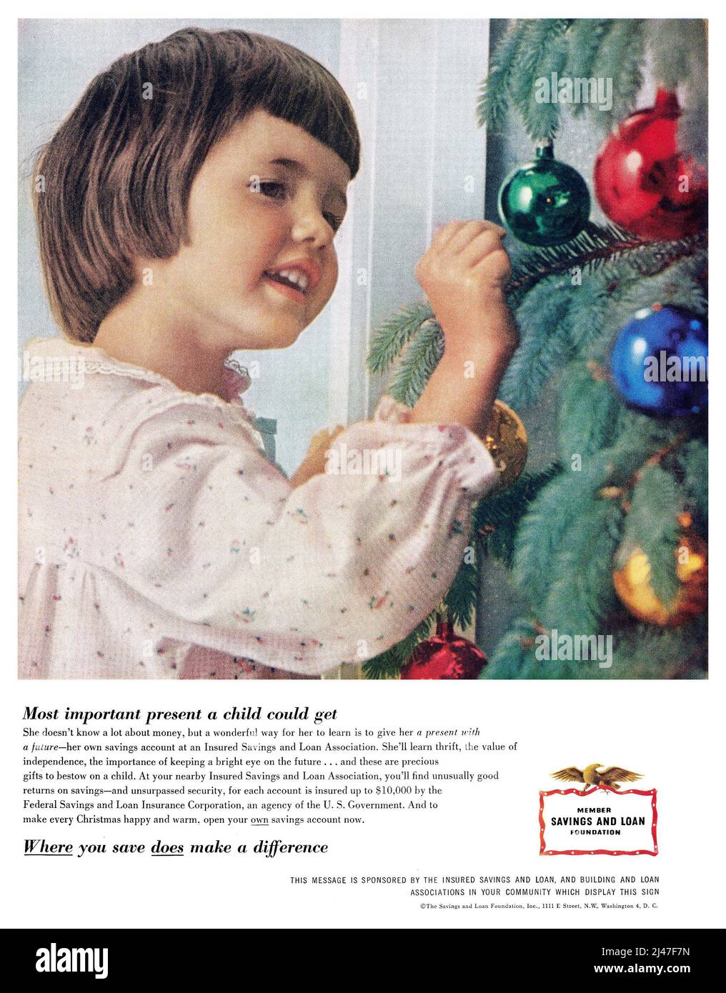 1957 U.S. Christmas advertisement for The Savings And Loan Foundation Inc. Stock Photo