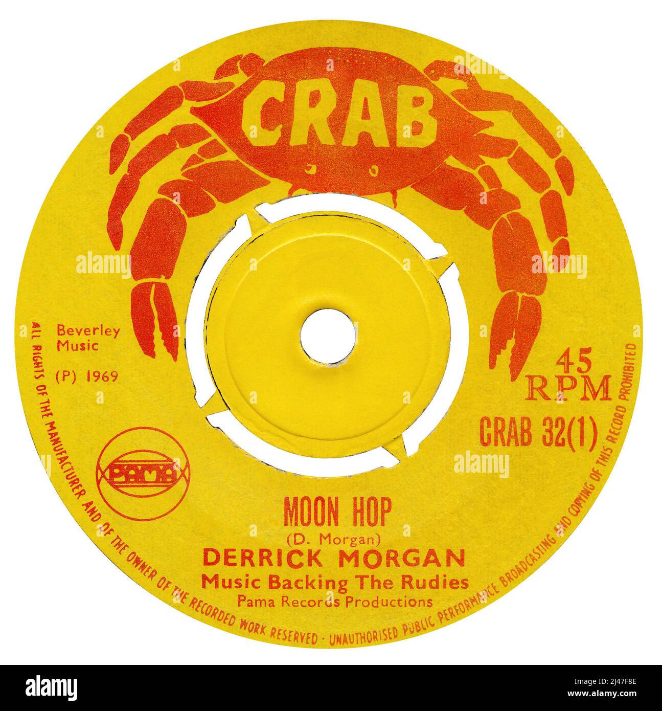 45 RPM 7' UK reggae record label of Moon Hop by Derrick Morgan. Written by Derrick Morgan. Released in October 1969 on the Pama label. Stock Photo