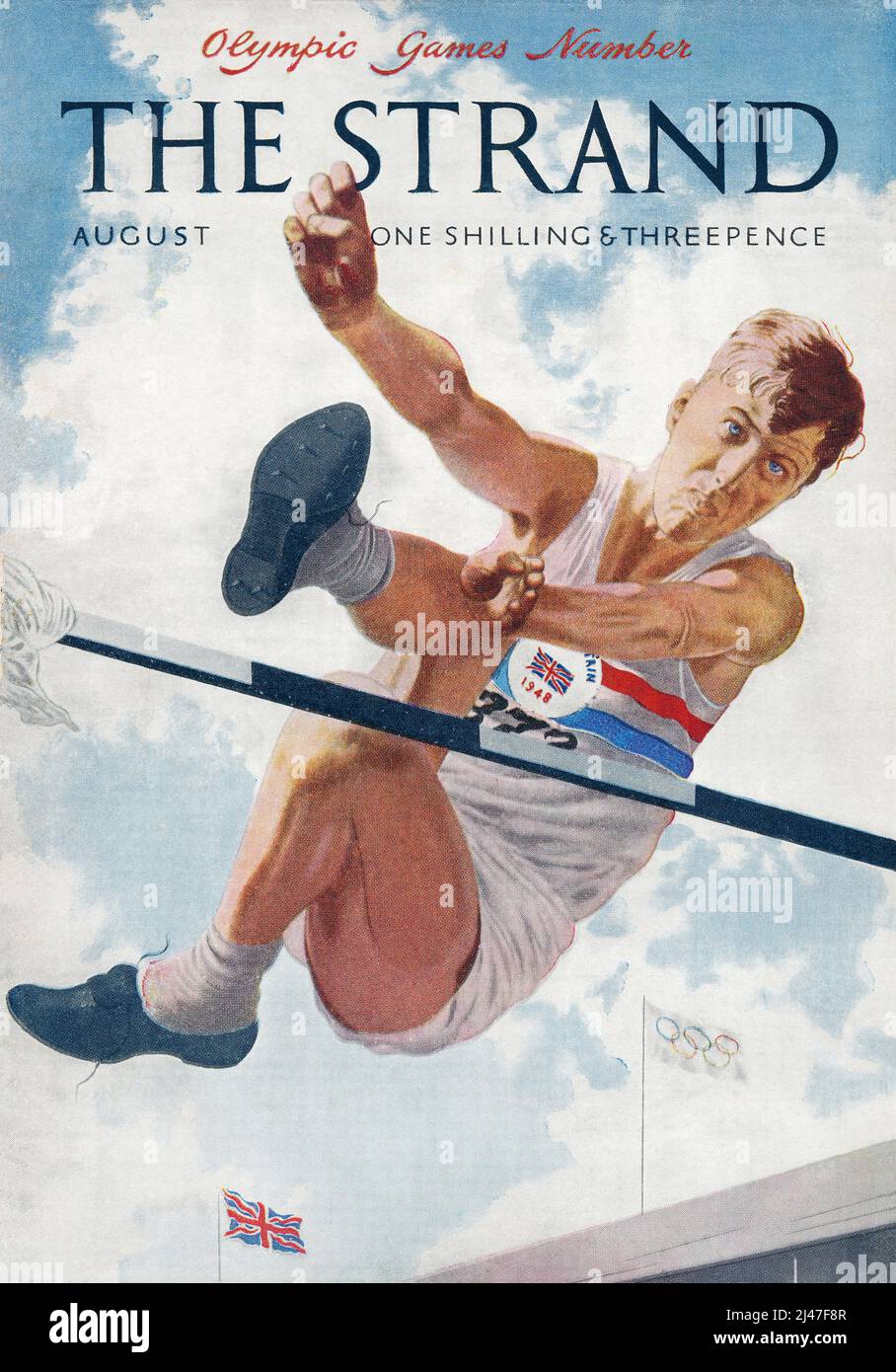 Vintage front cover of The Strand magazine for August 1948, showing an illustration of high jumper Alan Paterson at the London Olympics. Stock Photo