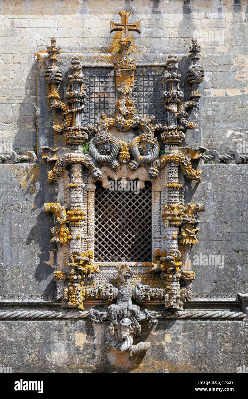 Europe, Portugal, Tomar, The Chapterhouse Window on the Western Façade of the Church of the Convent of Christ (Convento de Cristo) Stock Photo