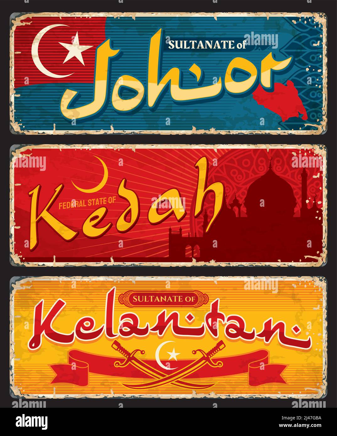 Johor, Kedah, Kelantan malaysian regions travel stickers and plates