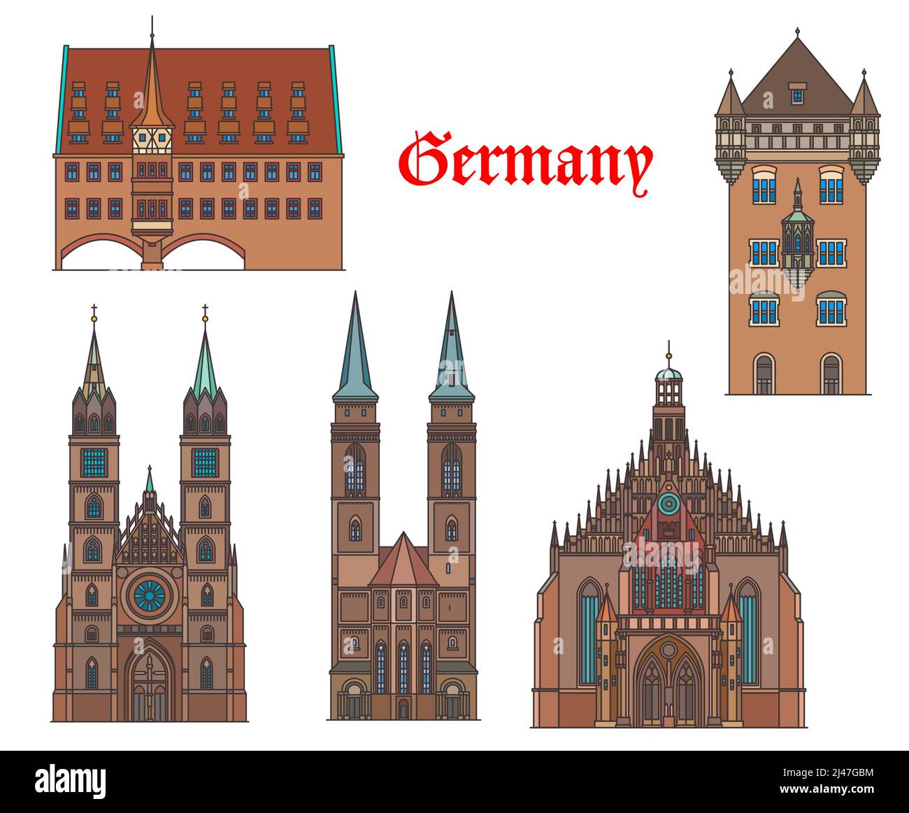 Germany architecture buildings and travel landmarks of Nuremberg and Nassau, vector. Germany buildings of Heilig Geist Spital or Hospital of Holy Spirit, churches of St Sebaldus and Saint Lawrence Stock Vector