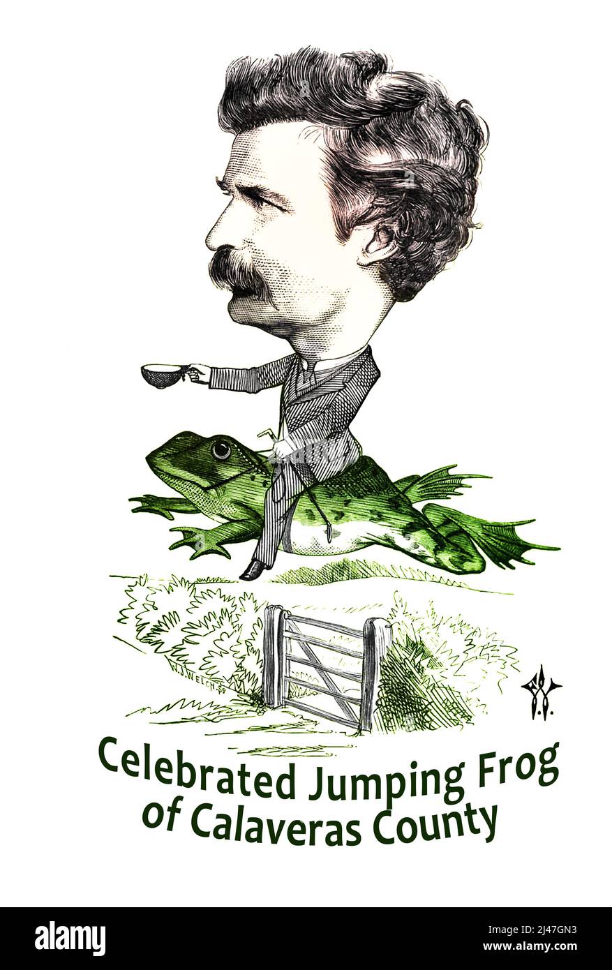 Mark Twain Jumping Frog colorized caricature, a restored reproduction with story title. Stock Photo