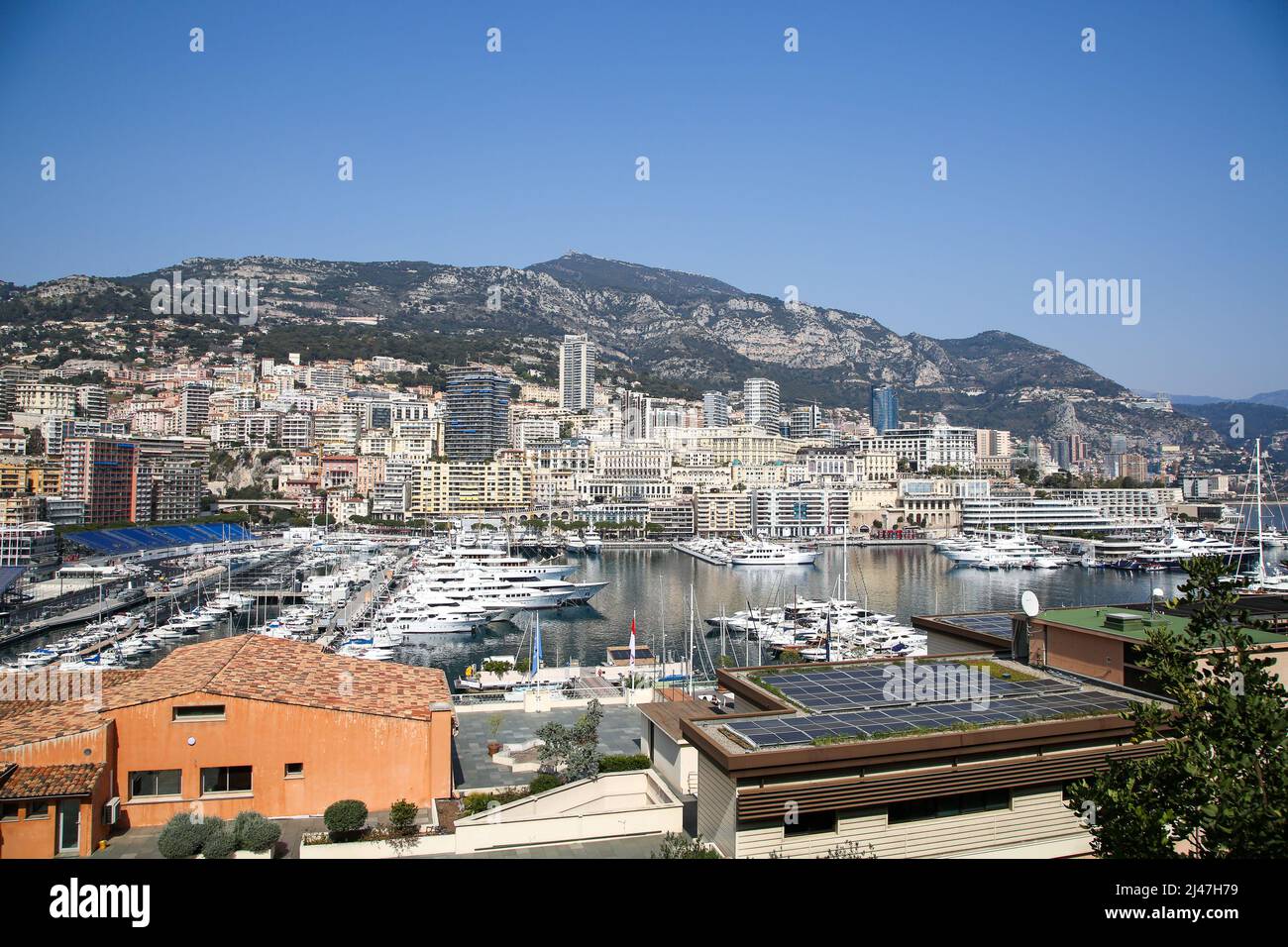 Aerial view of architecture and the harbour in Monte Carlo, Monaco on a