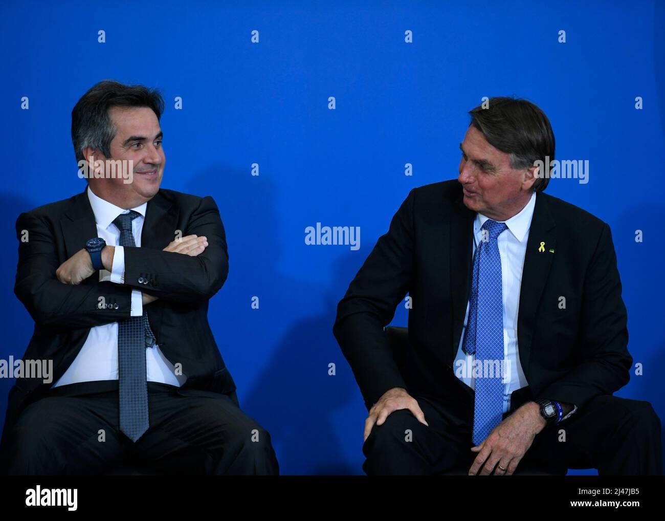 Brasilia, Brazil. 12th Apr, 2022. DF - Brasilia - 04/12/2022 - BRASILIA, CEREMONY FOR THE INSTALLATION OF INTERNET IN SCHOOLS - The President of the Republic, Jair Bolsonaro, accompanied by the Minister of Civil Affairs, Ciro Nogueira, during the announcement of the installation of 12,000 new Wi-Fi points Fi Brasil in public schools this Tuesday, April 11th. Photo: Mateus Bonomi/AGIF Credit: AGIF/Alamy Live News Stock Photo