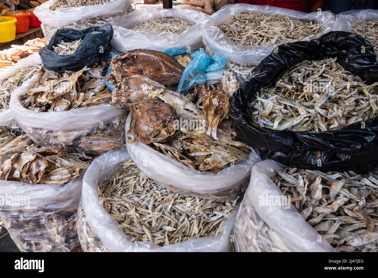 Dried and salted Charal, a minnow-size fish also called Lake Patzcuaro white fish, on sale at a market in Patzcuaro, Michoacan, Mexico. Stock Photo