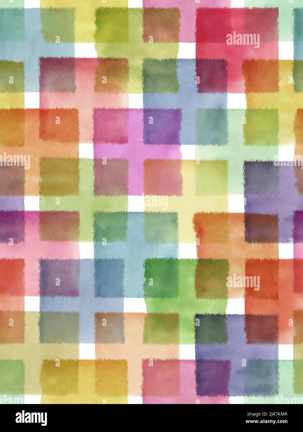 Title Seamless Hand painted watercolour Multi colour block check Pattern Stock Photo